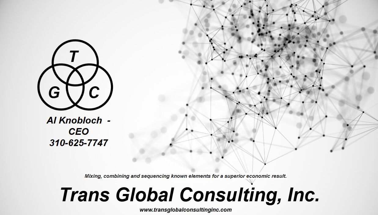 Transglobalconsulting Logo with contact information- Al Knoblach CEo, 310.625.7747